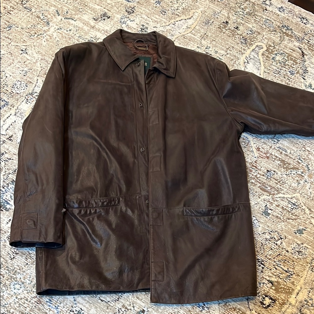 Brown Leather Jacket with Textured Fabric and button Closure Daniel
